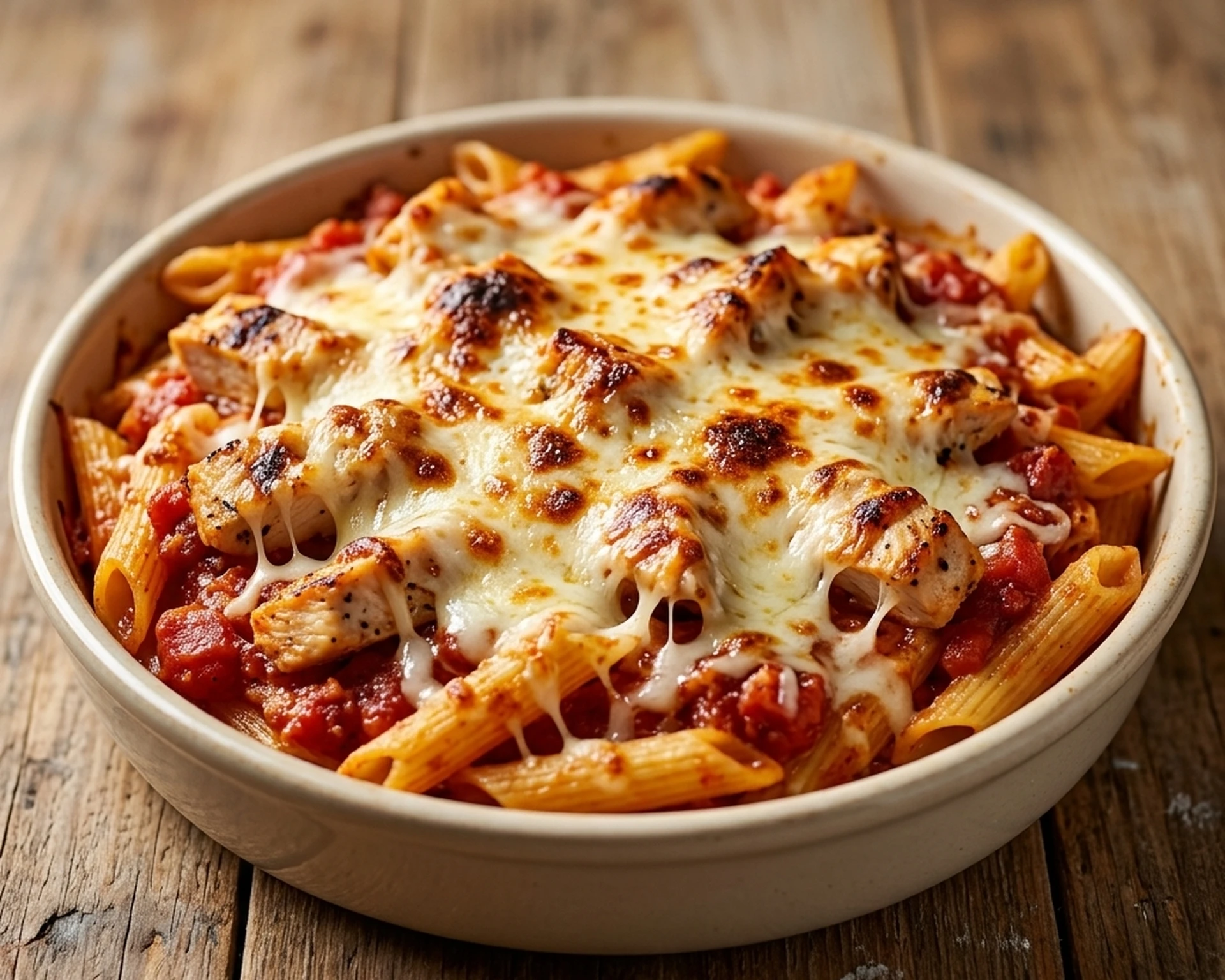 Baked chicken pasta with tomato sauce and melted mozzarella, a value halal plate in northeast Edmonton
