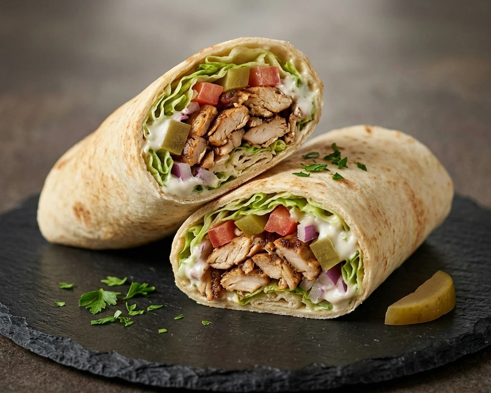 Halal chicken shawarma wrap with garlic sauce and fresh veggies at Canadian Choice Pizza and Donairs in Edmonton