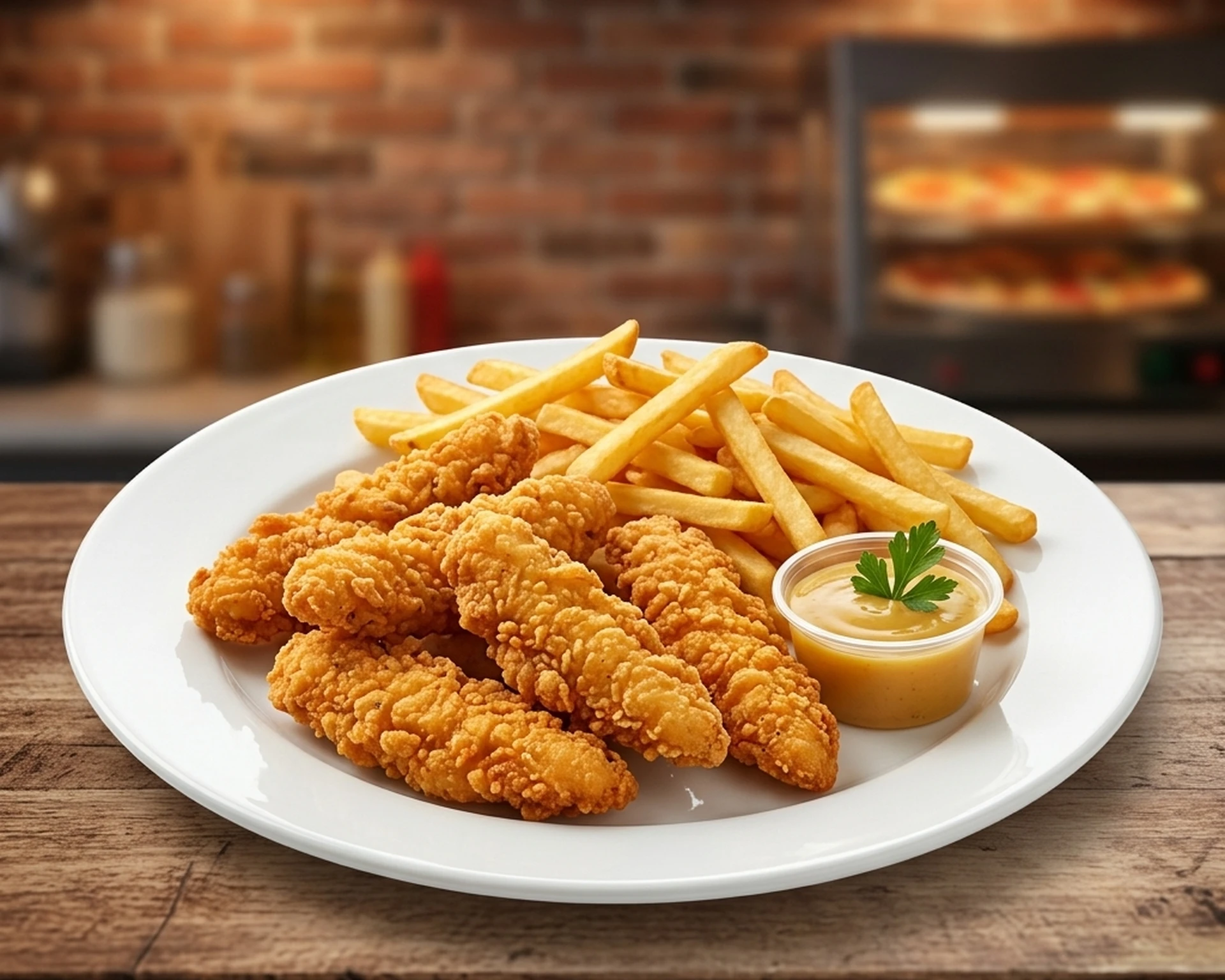 Golden halal chicken strips served with fries and dipping sauce at Canadian Choice Pizza and Donairs Edmonton