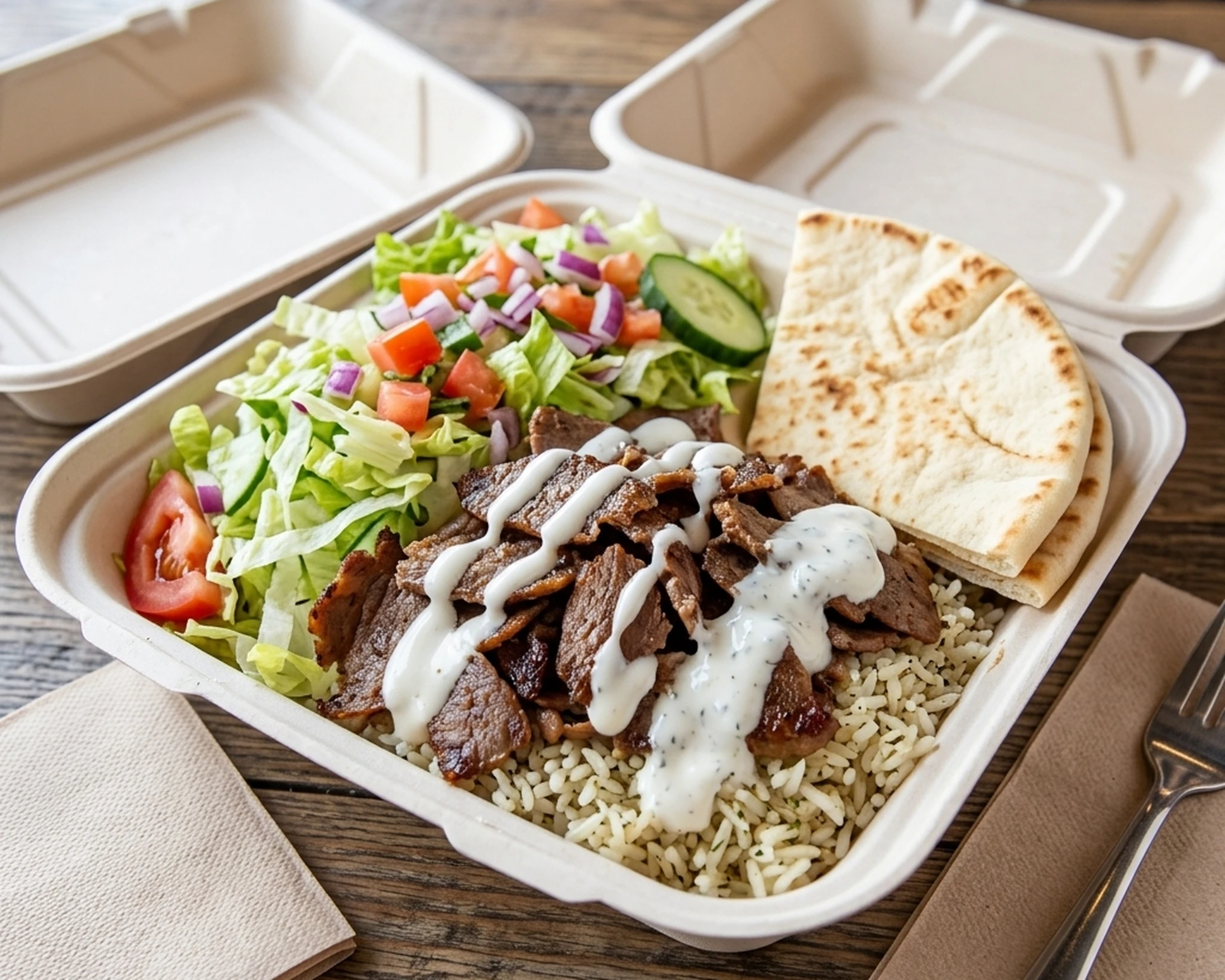 Halal donair platter with seasoned beef, rice, salad and sauces at Canadian Choice Pizza and Donairs in Edmonton